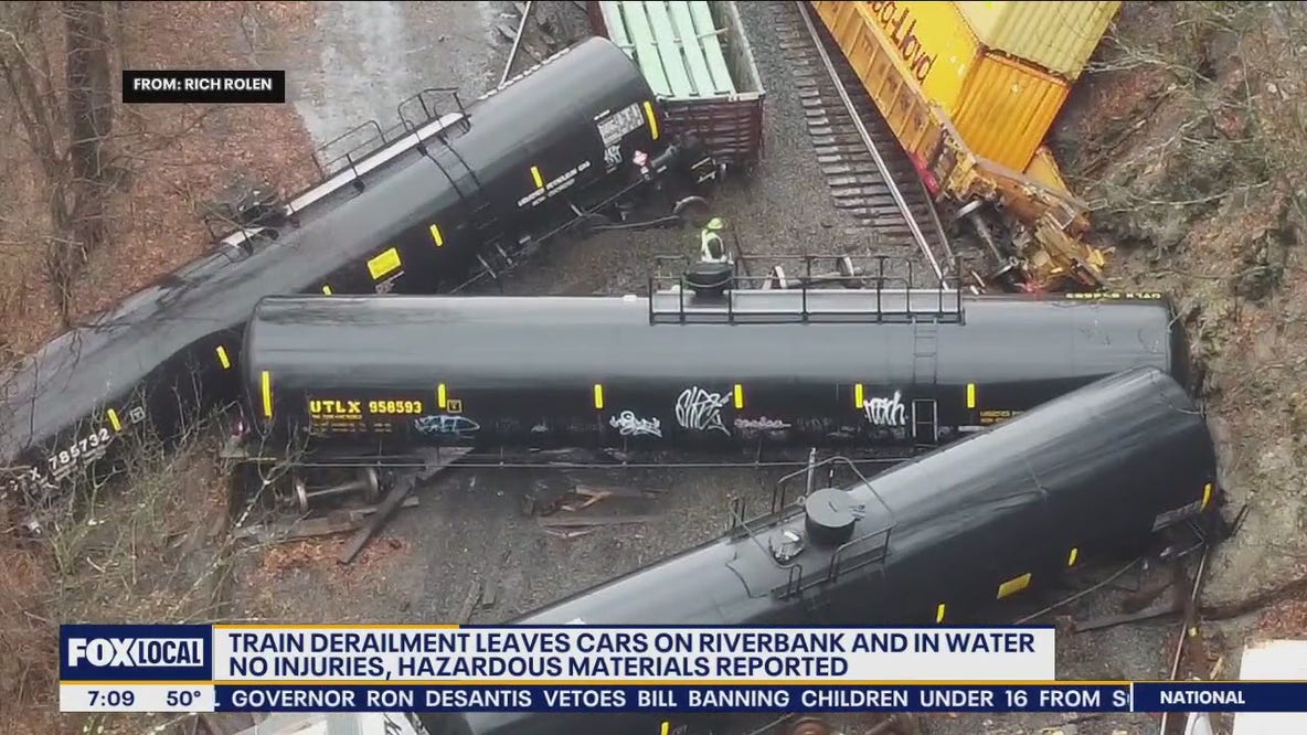 Train derailment in Pennsylvania sends cars onto riverbank, into water